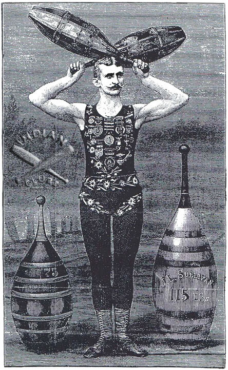 Gus Hill etching showing massive Indian Clubs featured in the New York NY National Police Gazette 1882-1883